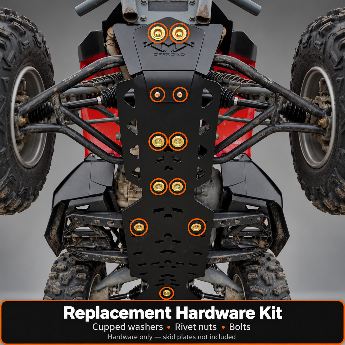 Skid plate replacement hardware kit: highlighted installed hardware; skid plates not included