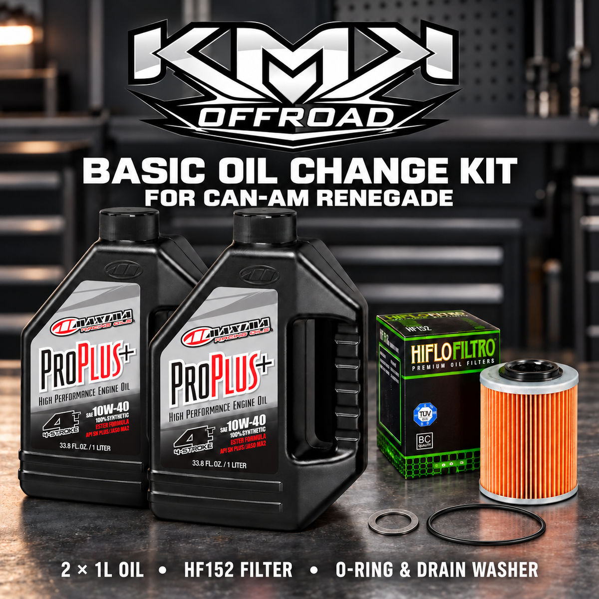 KMK basic oil change kit for Can-Am Renegade with two one-liter Maxima oil bottles, HF152 filter, O-ring and drain washer